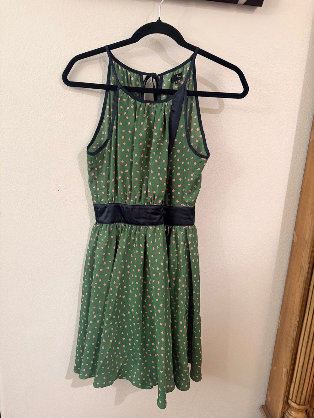 Ryu Green Dress with Pink Dot Print and Black Trim